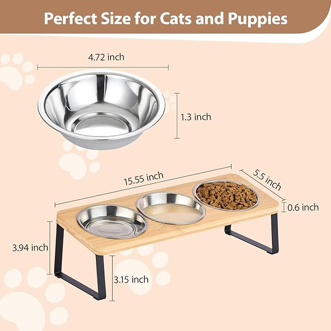 Elevated Cat Bowls for Cats and Puppies, Whisker-Friendly 15° Tilted Raised Cat Food Bowl, Anti-Vomiting Design with 3 Stainless Steel Dishes