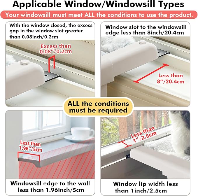 Window Sill Mount Cat Perch for Indoor Cats, One-Step Sliding Clamping Slot Adjustment Cat Hammock with Washable Cover, No Suction Cups Pet Bed for Windowsill & Bedside (Large)