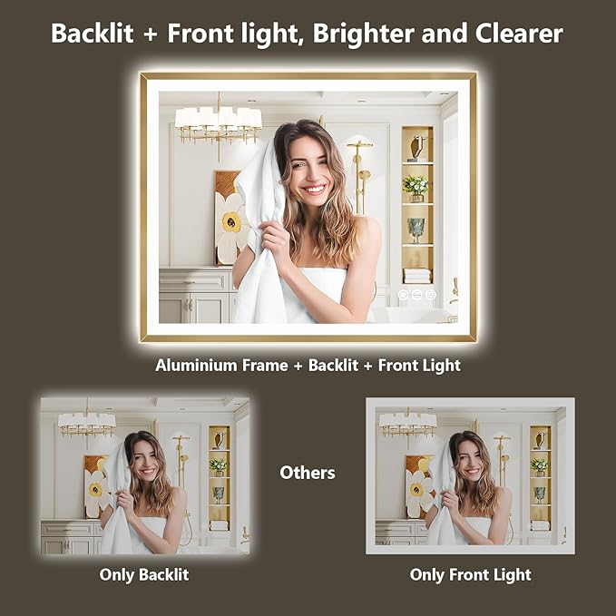 48x40 Gold Framed LED Bathroom Mirror with Lights, Backlit and Front Light, Lighted Bathroom Vanity Mirror for Wall Dimmable Anti-Fog Memory Tempered Glass Horizontal/Vertical