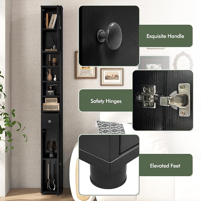Giantex Slim Bathroom Storage Cabinet - 71” Tall Narrow Floor Cabinet Cupboard with 2 Doors, 5 Adjustable Shelves, 1 Drawer, Anti-Tipping Device, Thin Linen Tower Cabinet for Living Room (2, Black)