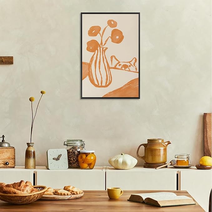 Funny Sneaky Dog Poster Retro Still Life Kitchen Canvas Wall Art Modern Abstract Floral Watercolor Animal Prints Painting For Living Room Kitchen Dining Room Wall Decor 12x16in Framed