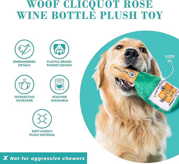 Haute Diggity Dog Woof Clicquot Rose Plush Squeaker Bottle - Small Machine-Washable Safe Fabric for Enrichment - Designer Dog Toys & Birthday Dog Toy for Puppies & All Breeds, Size Small