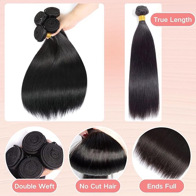 Selina Brazilian Virgin Human Hair Straight 4 Bundles 12 14 16 18 Inch Human Hair Brazilian Virgin Hair 100% Unprocessed Remy Hair Extensions Natural Black