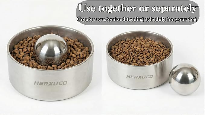 Stainless Steel Dog Slow Feeder – 2-in-1 Pet Bowl 42oz & Slow Feeder Ball 3in – Spherical Design Slows Eating & Use Separately or Together (Medium)