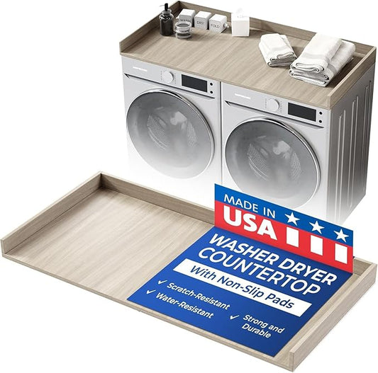 OfficeSimpli Washer Dryer Countertop, Made in USA, Non-Slip Pads, Easy Clean, Laundry Room Essentials and Decor, Washer Dryer Wood Top for Organization (Rustic Oak, Standard (27.5" x 54"))