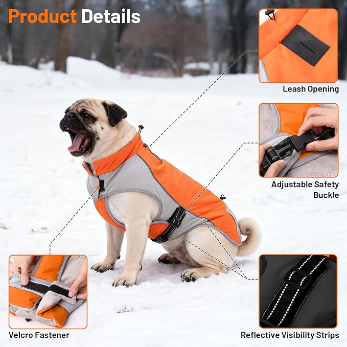 Warm Dog Cold Weather Coats - Waterproof Dog Winter Clothes with Reflective Straps, Adjustable Buckle & Leash Hole for Poodle, Dachshund,Border Terrier, Yorkshire Terrier，Orange & Gray XXL
