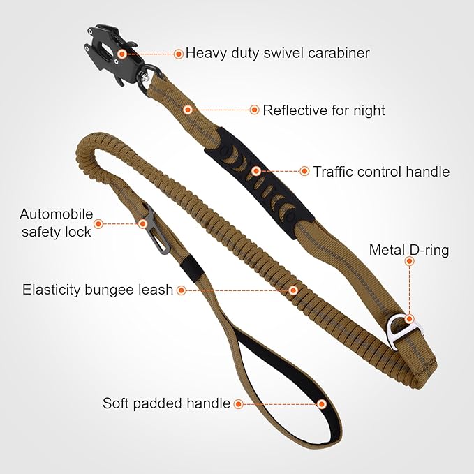 Heavy Duty Dog Leash, 4-6 Ft Shock Absorbing with Heavy-Duty Seatbelt Buckle & Dual Handles - No Bungee, for Medium to Large Dogs (Khaki)