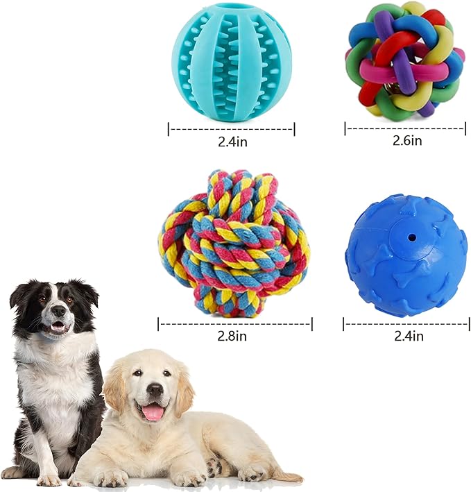 Interactive Dog Toys Ball 4 Pack Dog Puzzle Toys, Treat Dispensing Dog Toy, Dog Chew Teething Toys,Dog Squeaky Ball, Dog Rope Ball, for Tooth Cleaning, Chewing, Playing