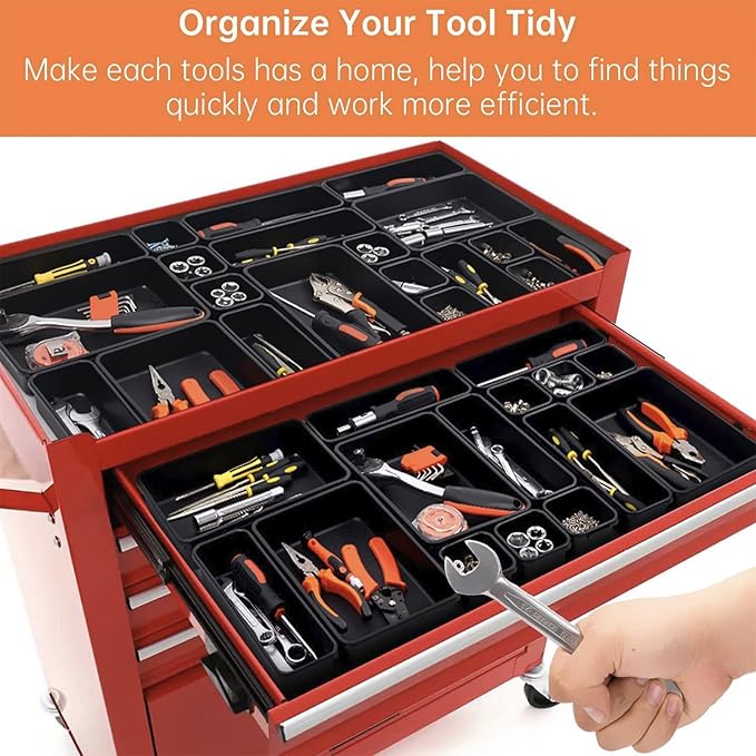 45 Pack Tool Box Organizer Tray Divider, Toolbox Desk Drawer Organizer,Garage Organization Storage for Rolling Tool Chest Cart Cabinet Workbench Workshop Small Parts Widget Tool Organizer Black