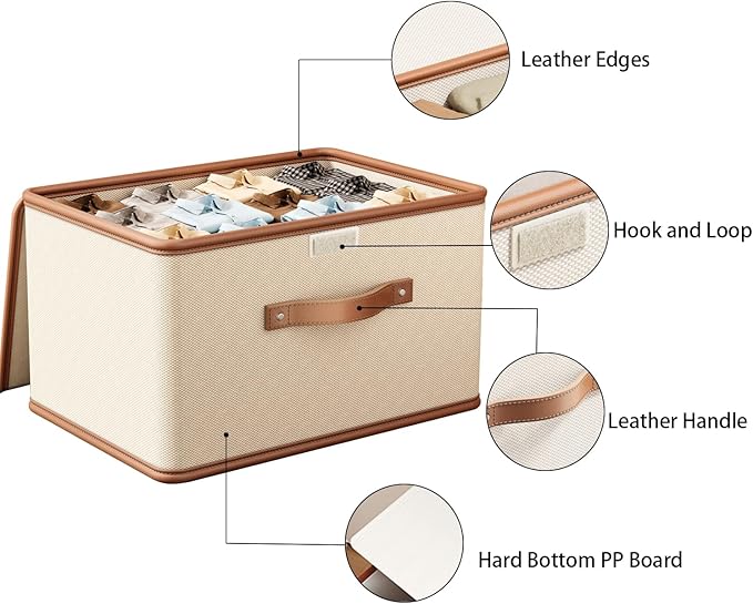 Tuza 2 Pack Storage Bins with Lids, Collapsible Closet Organizer Container, Fabric Organizer Box with Handles, Decorative Storage Boxes with Lids for Organizing Clothes, Blanket, White, Extra Large