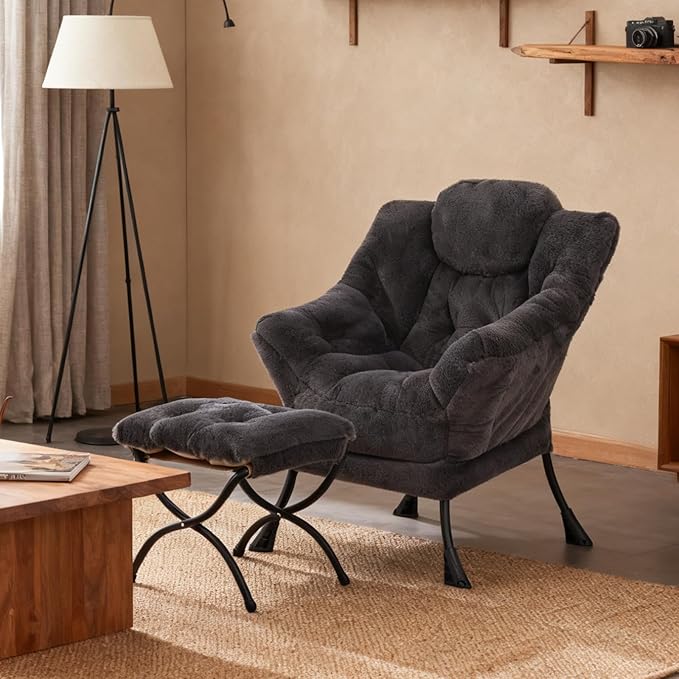 Welnow Lazy Chair with Ottoman, Modern Lounge Accent Chair with Armrests and a Side Pocket, Leisure Sofa Armchair, Reading Armchair with Footrest for Small Space, Plush Navy
