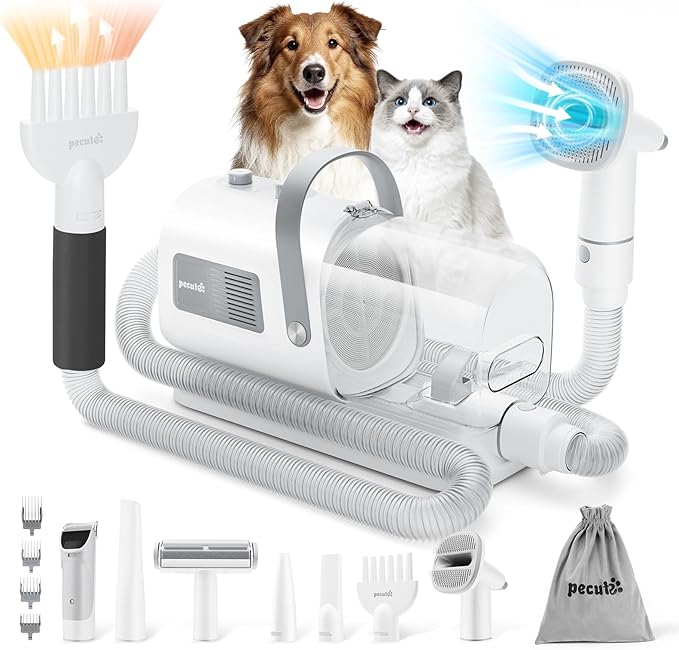 Pecute Dog Grooming Vacuum & Dryer, 7-in-1 Pet Grooming Kit with Clipper, 10000Pa Dog Vacuum for Shedding Grooming, Adjustable Speed & Temp, 55dB Low Noise