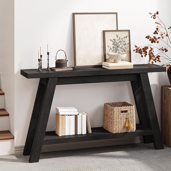 Black Console Table, 55Inch Entryway Console Tables 2-Tier Narrow Wood Console Table Behind Couch Sofa Tables for Living Room, Entryway, Hallway (Black)