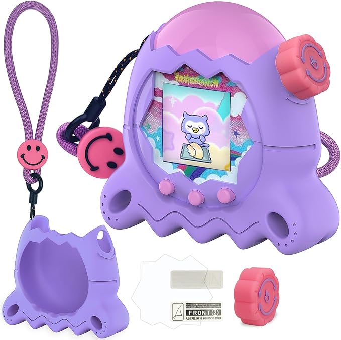 Silicone Case for Tamagotchi Paradise with Button Cap, Protective Cover with Screen Protector and Lanyard for Tamagotchi Paradise Pet Accessories (Purple)