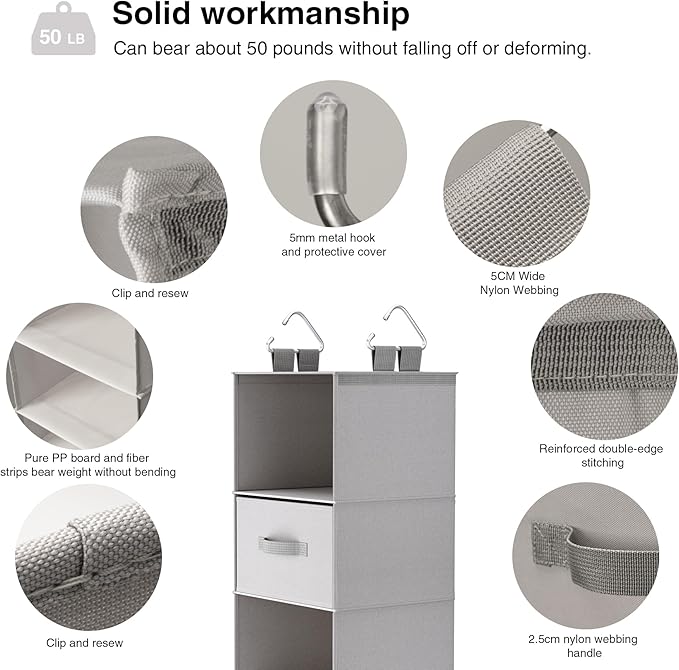 Hanging Closet Organizer with Storage Drawers, Made of 600D Thickened Oxford Cloth, Washable, Tear-Resistant, Strong Load-Bearing Without Deformation (Light Gray)