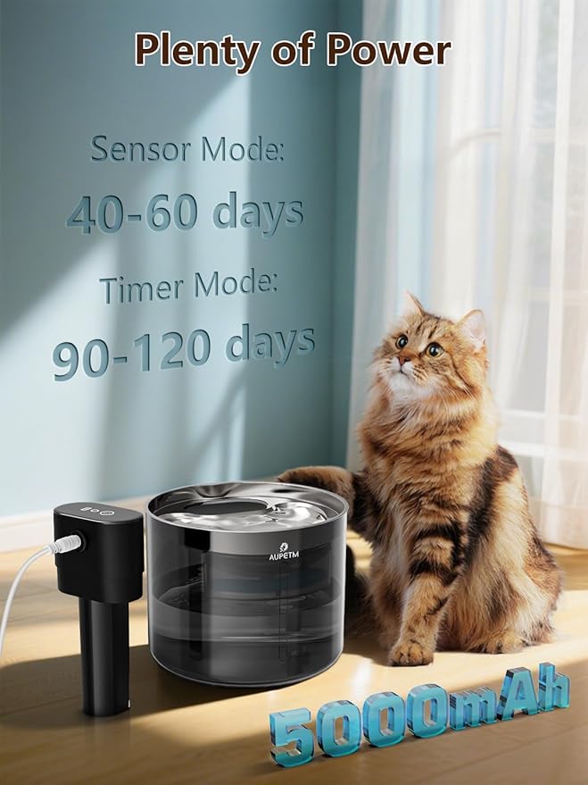 Battery Operated Cat Water Fountain, Wireless Automatic Water Dispenser for Cats & Dogs, 3L/101oz Cordless Pet Water Bowl Fountains with Stainless Steel Tray & Quiet 6-Stage Filter System
