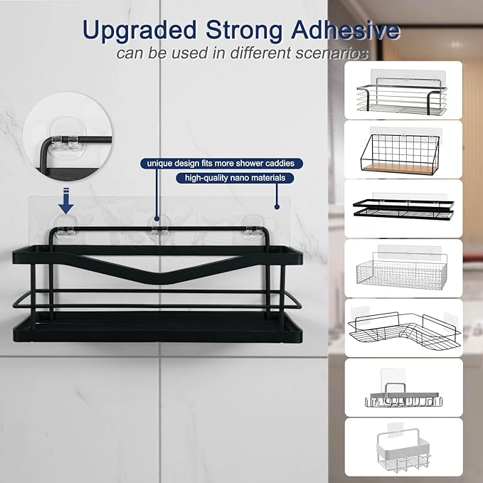 Shower Caddy Adhesive Replacement, 2 Pack Strong Adhesive Show-er Hooks, Water-Proof Shower Adhesive Strips, No Drilling for Show-er Caddy, Bathroom Storage Shelves and Kitchen Racks