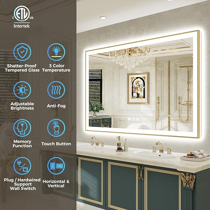 88x38 Inch LED Bathroom Mirror with Lights (Front Lit and Backlit) Gold Framed Lighted Vanity Mirror for Bathroom Wall Dimmable Anti-Fog Memory Tempered Glass Horizontal/Vertical