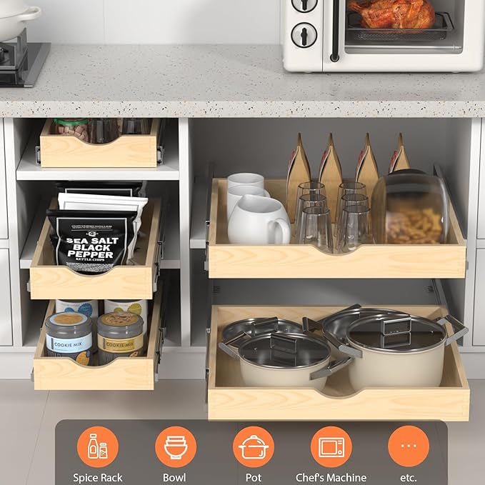 ZOINLIY Wooden Pull Out Cabinet Organizer, Slide Out Drawer for Kitchen Organizers and Storage, Soft Close, Heavy Duty, Fully Expandable