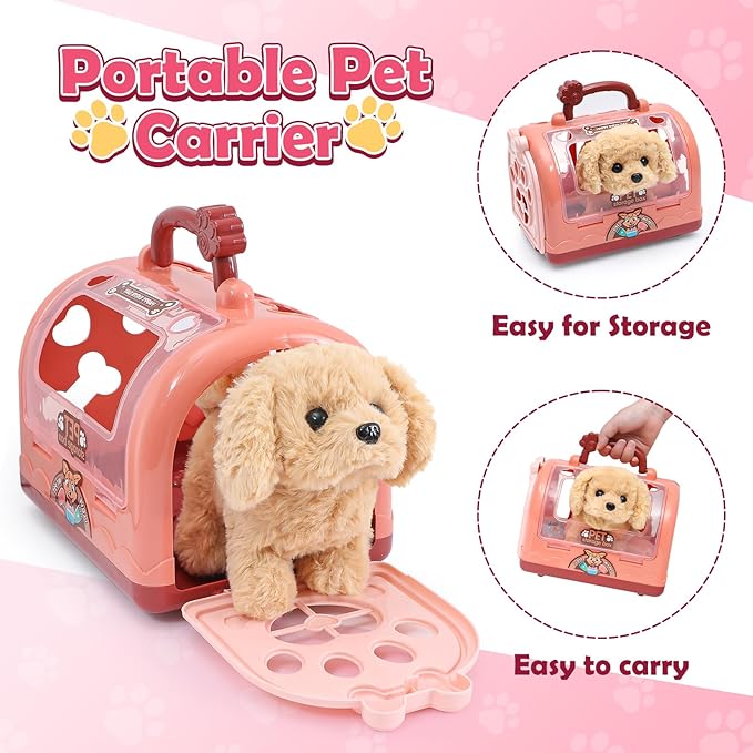 Golray Dog Toys for Kids Girls, Electronic Interactive Walking Barking Dog with 12 Pcs Carrier & Accessories Toddler Girl Toy Dog Puppy Pet Care Pretend Play Set, Birthday Gift for Little Girl 3 4 5 6