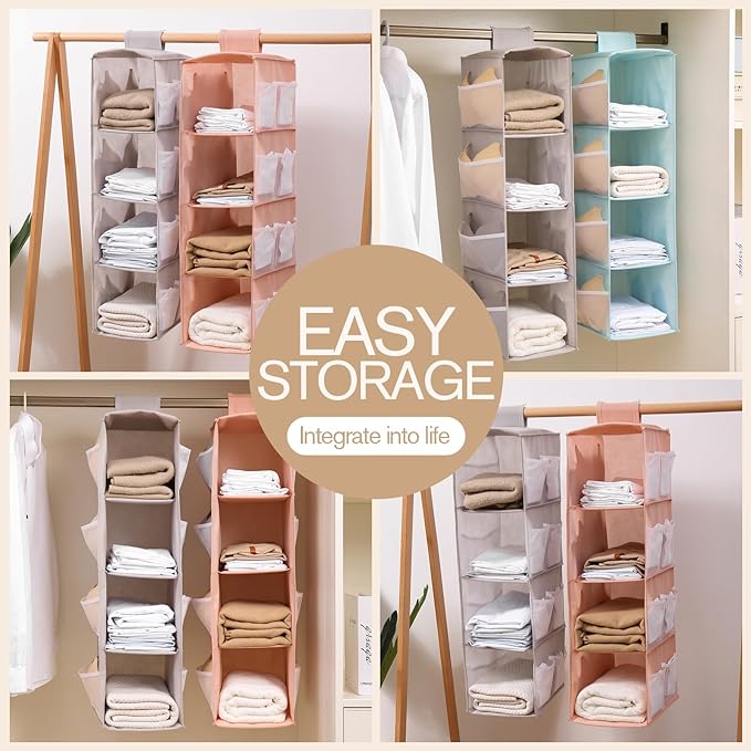 Hanging Closet Organizer, 4-Section Storage Shelves, Oxford Cloth with Mesh Pockets, (Pink, 4 Section)
