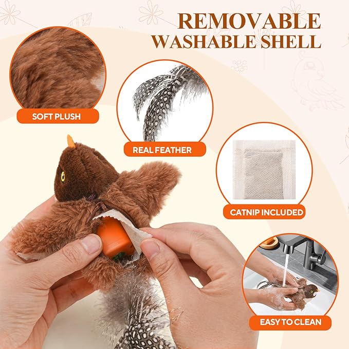 Small Flappy Bird Cat Toy, Interactive Flapping Chirping Wings (No Flying) Cat Toy, Simulated Sparrow Catnip Toy for Indoor Cats and Kittens, Sound on/Off Switchable, 5.51×4.72×1.97 Inches