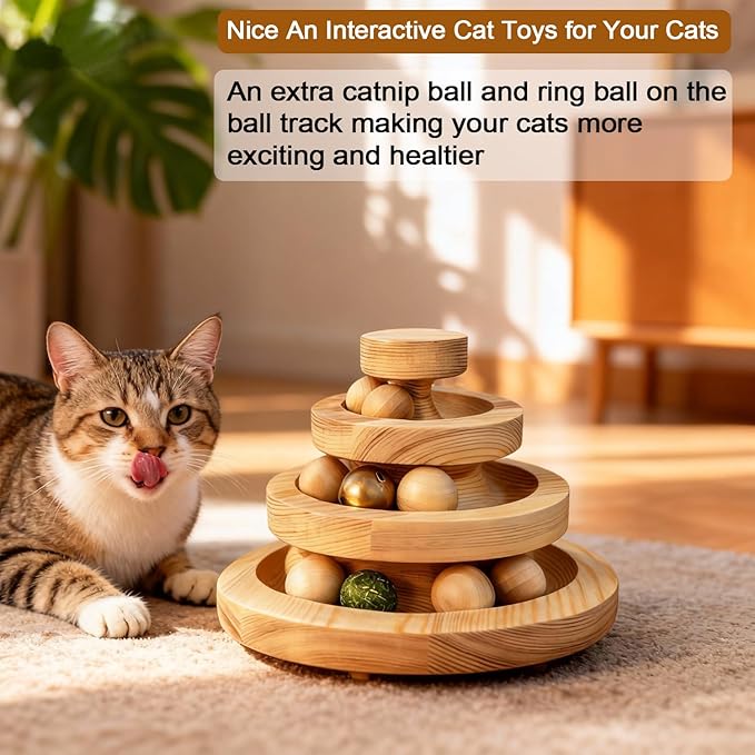 Cat Ball Track Toy with Catnip Ball and Metal Bell 3 Tier Cat Tower for Indoor Cats Wooden Interactive Cat Toy for Hunting Physical Exercise 9 Removable BallsPuzzle Kitten Toys