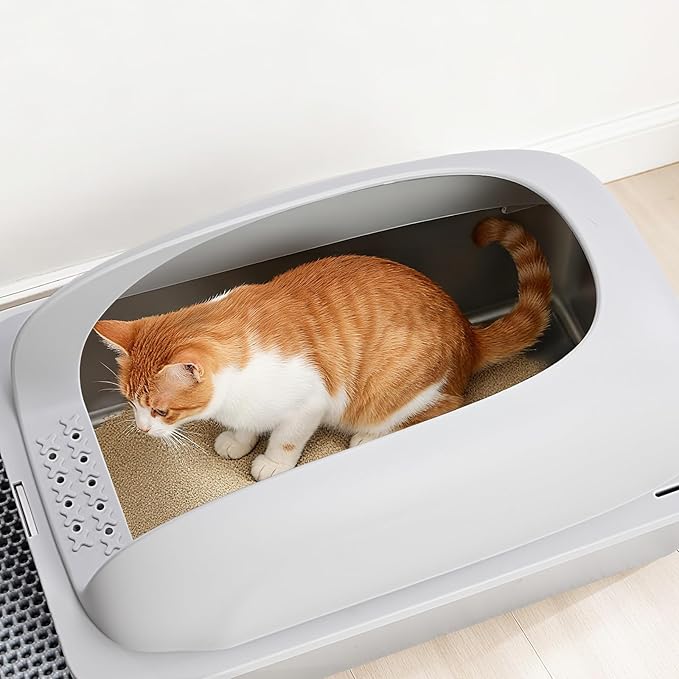 Stainless Steel Cat Litter Box with Lid, High Sided Large Cat Litter Box for Anti-Urine Leakage, Included Scoop and Litter Mat, Light Gray