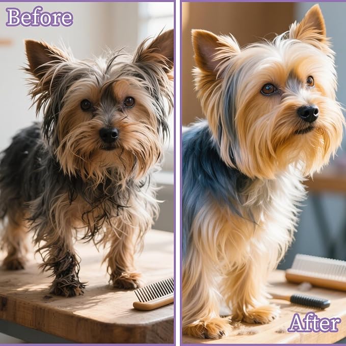 Comma-Shaped Small Dog Brush and Cleaning Comb, Fit for Yorkie, Shih Tzu, Maltese Maltipoo Pomeranian - Gentle Soft Bristles for Effortless Pet Hair Removal, Puppy Essentials (Purple）