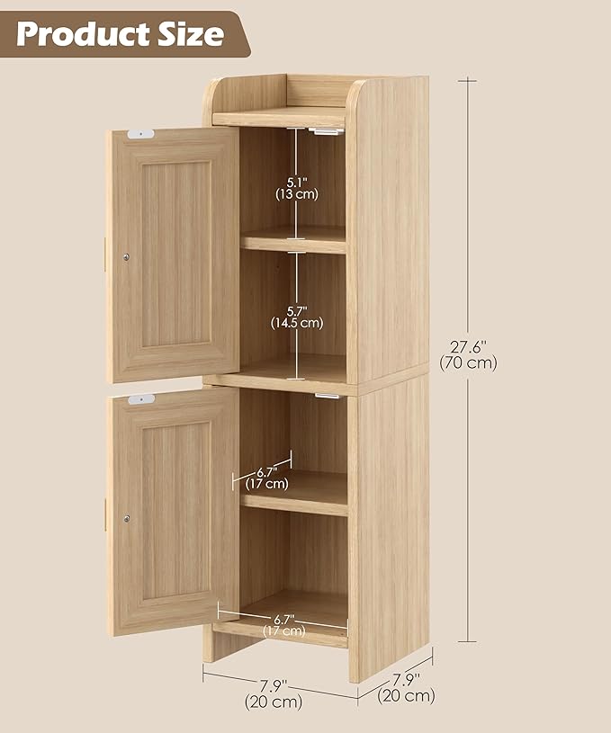 Rattan Small Bathroom Cabinet with 2 Doors, 7.9''D x 7.9''W Narrow Toilet Paper Storage Cabinet, Bathroom Organizer for Small Spaces, Wooden Slim Corner Unit with Adjustable Shelf, Natural Oak