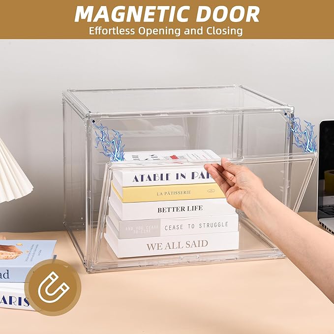 Clear Acrylic Display Case – Stackable Storage Box with Magnetic Lid, Dustproof Organizer for Collectibles, Figures, Shoes, and Books – Large Size 14.2"x8.7"x10.6"