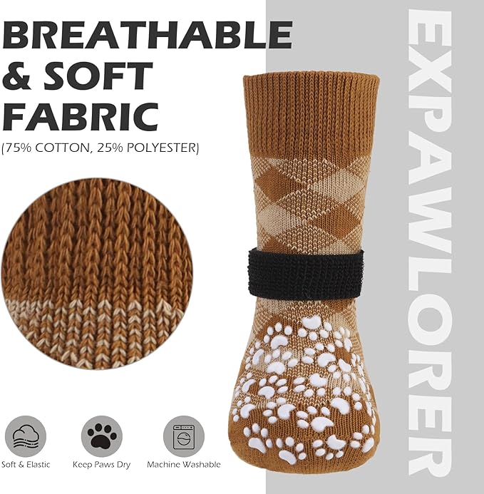 EXPAWLORER Dog Socks for Cold Winter Snow to Prevent Licking Paws, Anti Slip Doggie Booties Grippy Shoes for Hardwood Floors, Boots & Paw Protectors for Small Medium Large Senior Dogs Khaki XS