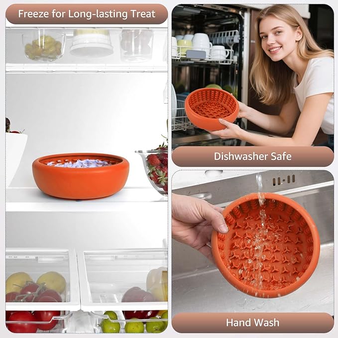 Dog Lick Bowl, ZOURYNUA Non-Slip Slow Feeder Dog Bowls, Enrichment Licking Mat for Distraction, Anxiety Relief Treat Dispenser Freezer, BPA Free Silicone & Dishwasher Safe (Orange, Large)