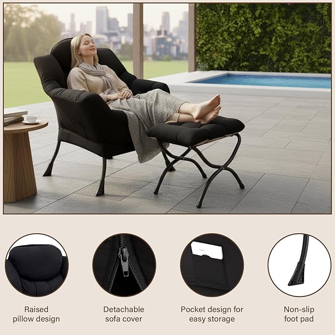 Welnow Lazy Chair with Ottoman, Modern Lounge Accent Chair with Armrests and a Side Pocket, Leisure Sofa Armchair Set, Reading Armchair with Footrest for Small Space, Black