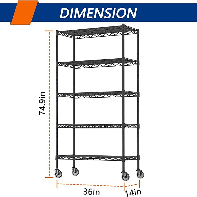 5-Shelf Adjustable Heavy Duty Storage Shelving Unit on 4 Wheel Casters, Metal Organizer Wire Rack for Laundry Bathroom Kitchen Pantry Closet, Black