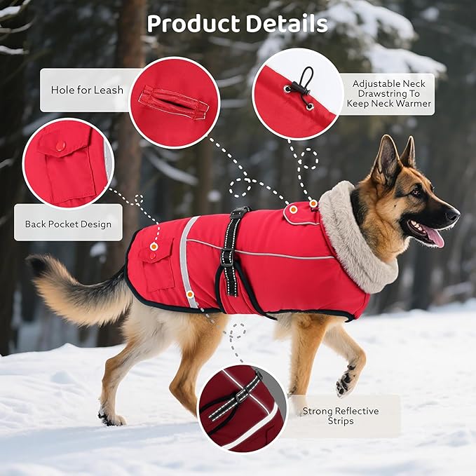 Dog Winter Coat Jacket Waterproof for XL Large Dogs, Reflective Pet Vest Warm Fleece Cozy for Cold Weather, Dogs Snowsuit Windproof, Adjustable Buckle