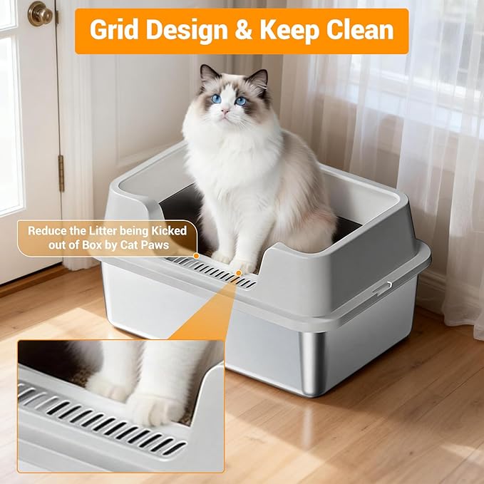 Enclosed Stainless Steel Cat Litter Box with Lid, XL Extra Large Litter Box for Big Cats, Metal Litter Pan High Sided, Never Absorbs Odors, Anti-Urine Leakage, Easy Cleaning, Include Scoop
