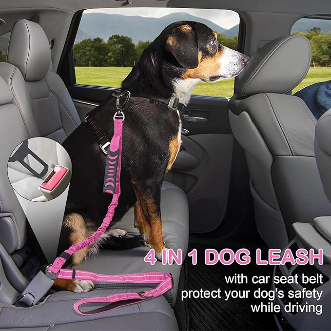 2 Pack Heavy Duty Dog Leash for Medium Large Dogs That Pull,4-6FT Shock Absorbing Bungee Tactical Dog Leash with Control Padded Handle and Car Seatbelt,Reflective Walking Training Lead,Pink