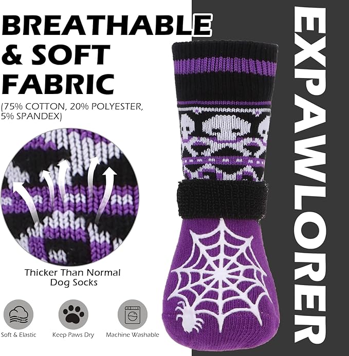 EXPAWLORER Halloween Anti Slip Dog Socks to Prevent Licking Paws, Boots & Paw Protectors with Spider Web Grippers,Doggie Booties for Hardwood Floors for Small Medium Large Senior Dogs Purple Ghost L