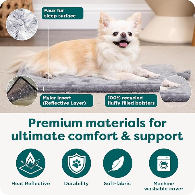 FurHaven ThermaNAP Self Warming Cat Mat/Dog Bed for Crates with Self-Warming Technology for Cozy Rest, Fully Machine Washable, Small, Plush Faux Fur, Gray