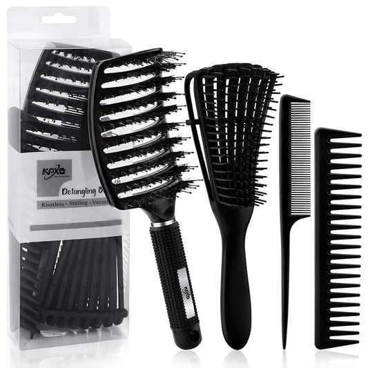 4pcs Curly Hair Brush Set for Adult & Kids Wet or Dry, Detangling Brush for 3/4ABC Hair with Wide Tooth Comb (4, Black)