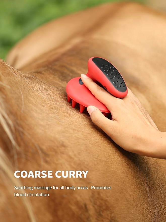 Harrison Howard Horse Grooming Kit, 9-Piece Set with Non-Slip Silicone Grip for Bathing, Shedding & Hoof Care Red