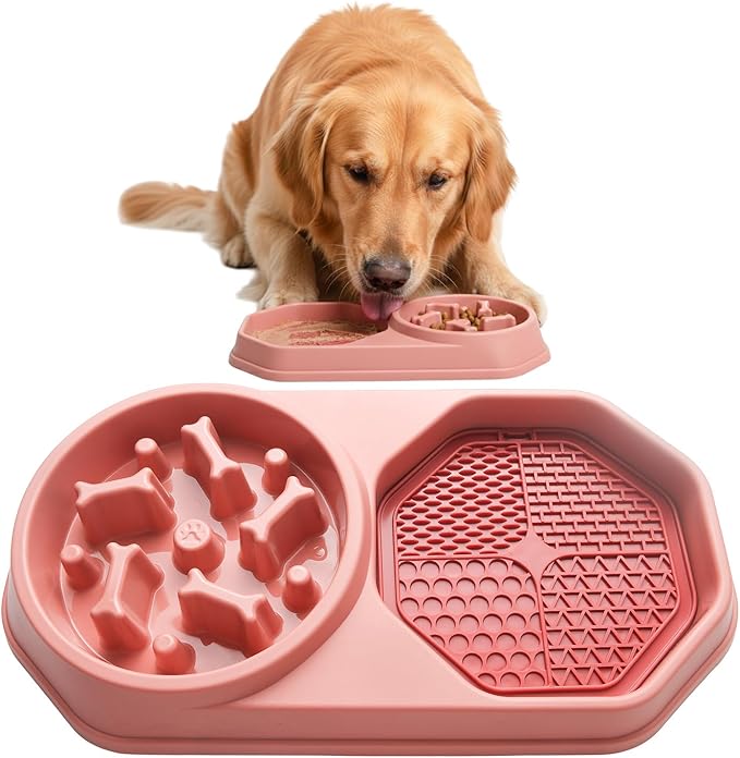 Slow Feeder Dog Bowl with Silicone Lick Mat, Non-Slip Dual Feeding Station for Medium & Large Dogs, Slow Eating Bowl to Help Reduce Fast Eating, Removable Lick Pad (Red)