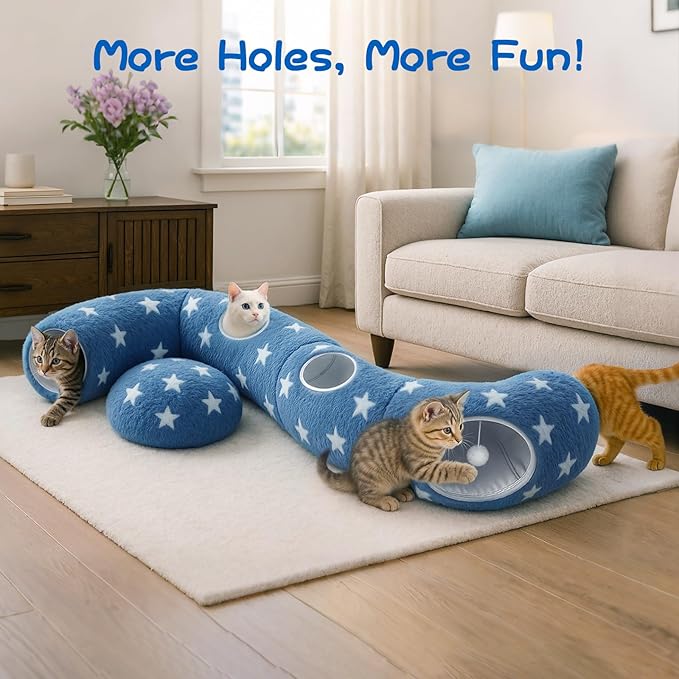 Cycodo Indoor Cat Tunnel Bed,Shape-Shifting Pet Cave with Circle Cushion,Luminescent Donut Tunnel Toy for Kitten/Puppy/Rabbit (Starry Blue)