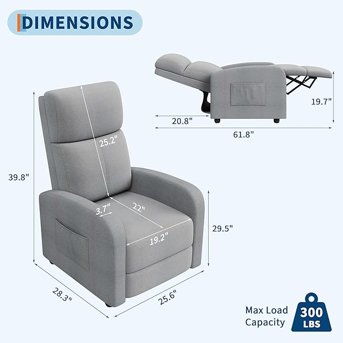 Garvee Recliner Chair for Adults, Lazy Reclining Chair Ergonomic Adjustable Single Sofa Enhanced with Side Pocket, Tall Back, Wide Arms & Padded Seat, Home Theater Seating for Living Room