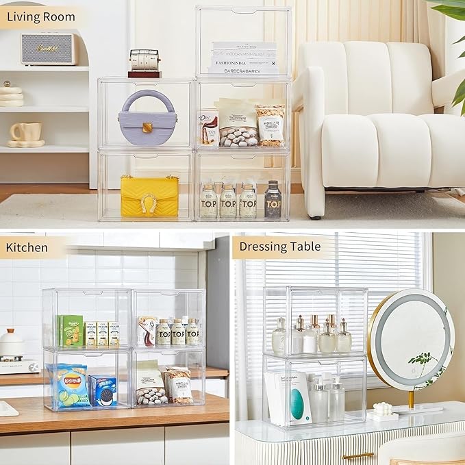 Clear Storage Bins with Lids, 2 Pack Acrylic Display Case with Magnetic Door for Cosmetic Collectibles Large Figures Models, Stackable Acrylic Storage Box for Home Office Living Room Dorm