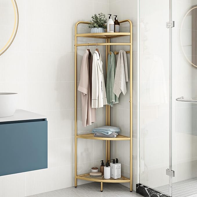Corner Gold Clothing Racks Freestanding, Gold Metal Coat Racks with Hooks, Heavy Duty Modern Clothes Rack with 3 Tier Storage Shelves for Home,Bedroom,Living Room