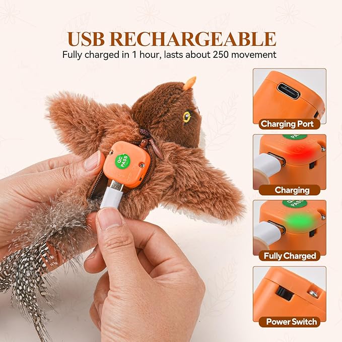 Small Flappy Bird Cat Toy, Interactive Flapping Chirping Wings (No Flying) Cat Toy, Simulated Sparrow Catnip Toy for Indoor Cats and Kittens, Sound on/Off Switchable, 5.51×4.72×1.97 Inches