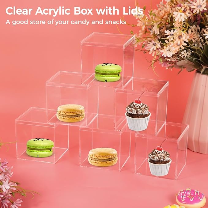 Homaisson 12 PCS Acrylic Square Cube 3 x 3 x 3 Inches, Small Clear Plastic Display Boxes with Lids, Clear Acrylic Storage Square Cube Boxes, Display Case Container for Candy Jewelry Tiny Items