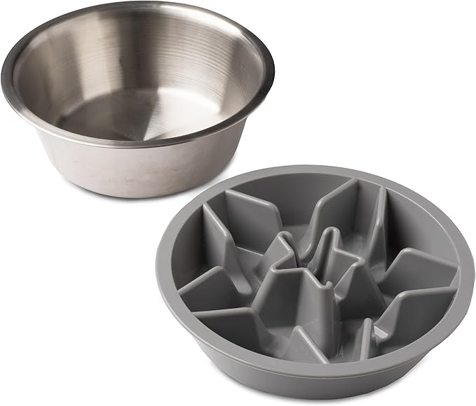 Leash Boss 2-Pack Slow Feeder Dog Bowls - 2 Cup, Puzzle Dog Food Bowl with Stainless Steal Bowl, Fits into Elevated Pet Feeders, Slow Eating for Large, Medium & Small Sized Breeds, White